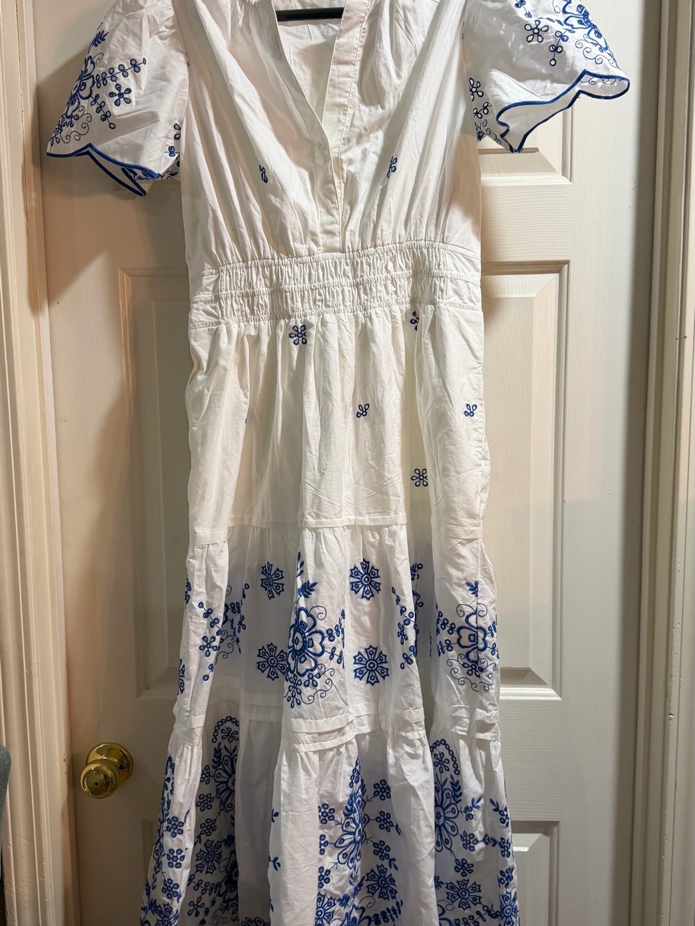 Joie White Maxi Dress with Blue Embroidery Like New